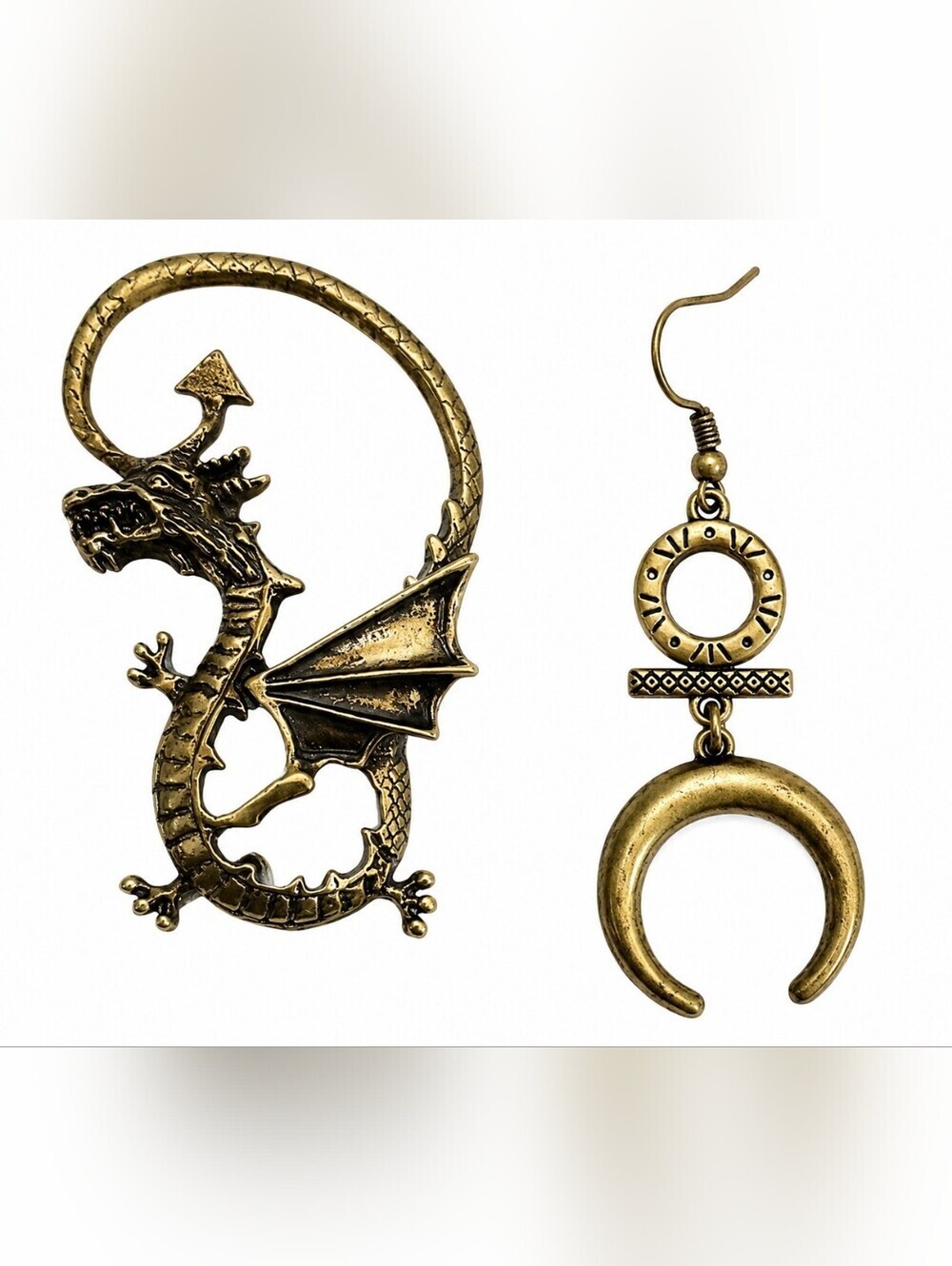 Vtg Antique Brass Mismatched Dragon Ear Wrap and Crescent Moon Dangle Earrings